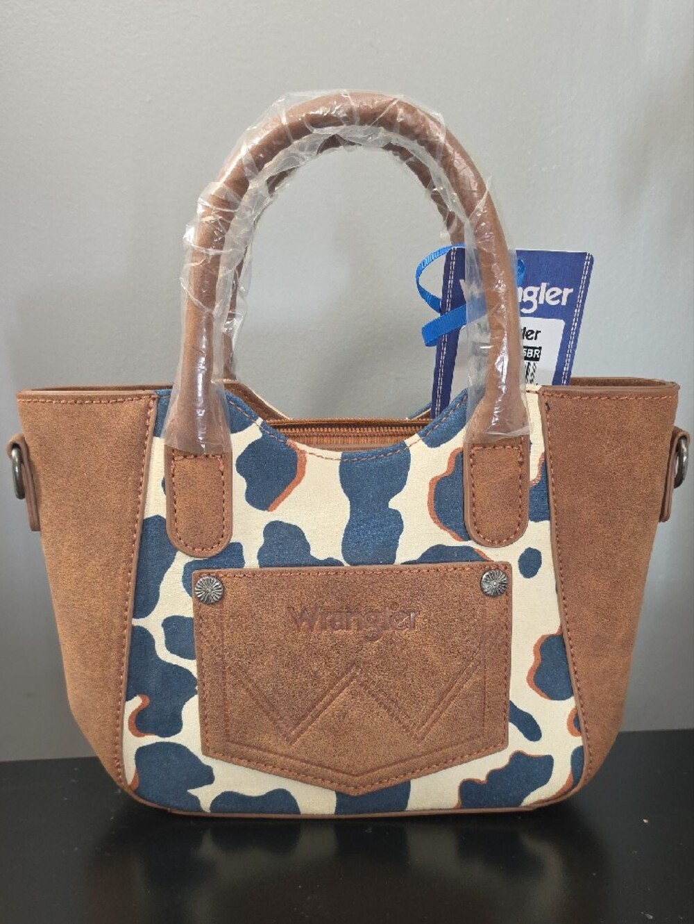 Wrangler Blue & Brown Cow Print Cross Body Tote Bag - Picture 3 of 7